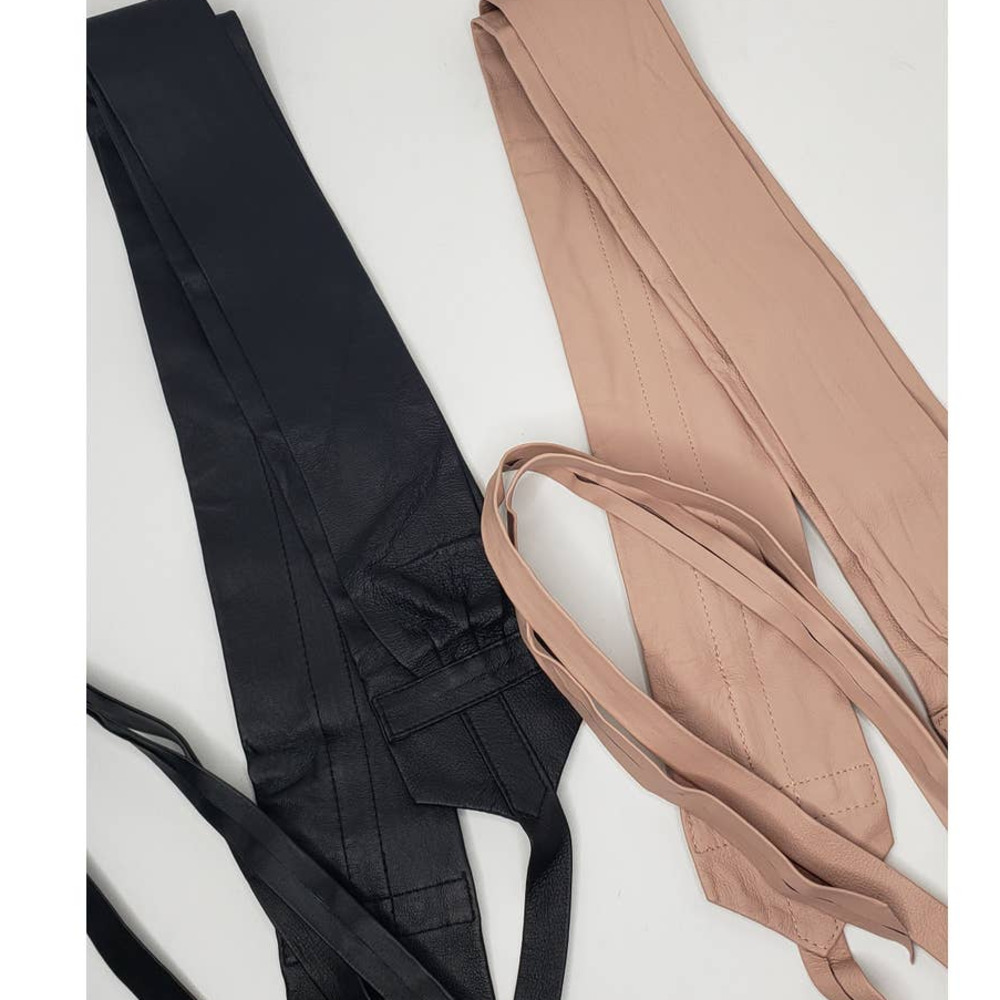 G.I.L.I Leather Wide Tie Wrap Obi Sash Belts Nude Blush Black Medium Large